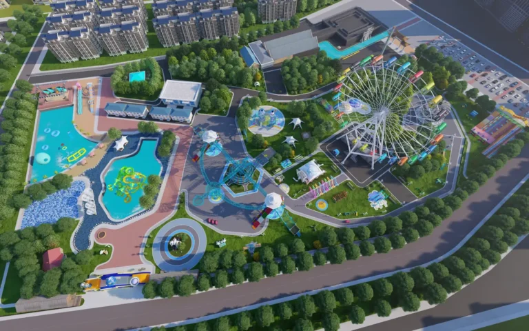 Amusement park design rendering with the rides laid out
