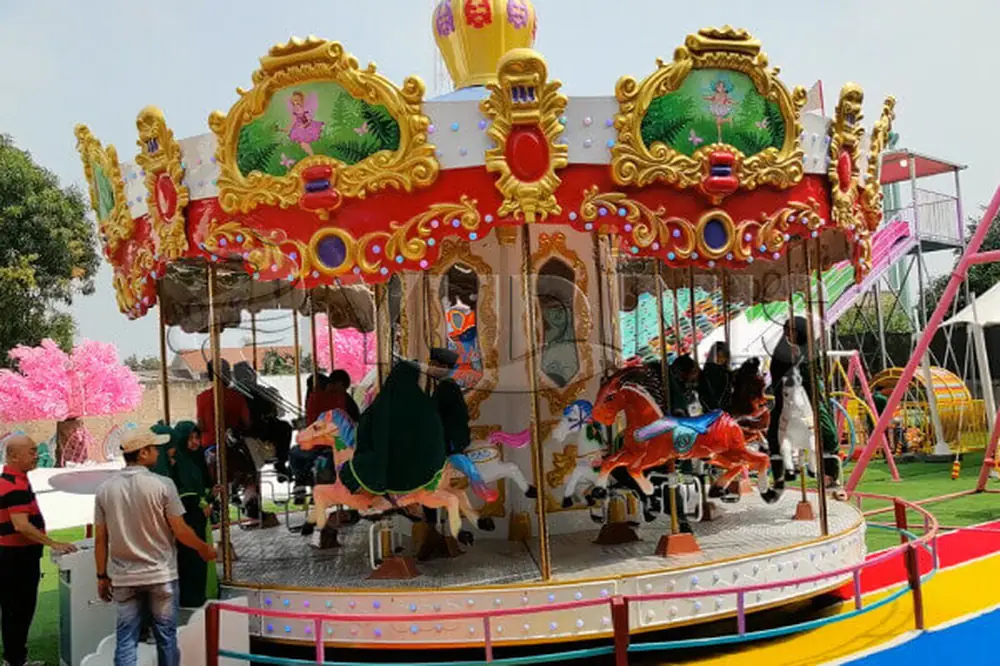Family carousel ride for young visitors at a park